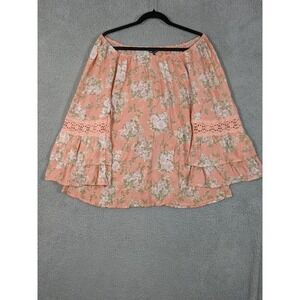 Peach Floral Tiered Bell Sleeve Off Shoulder Top 2X Cottagecore Boho Romantic
